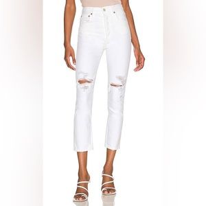 AGOLDE Riley High Rise Straight‎ Crop Jeans Veil White Distressed Womens Size 24